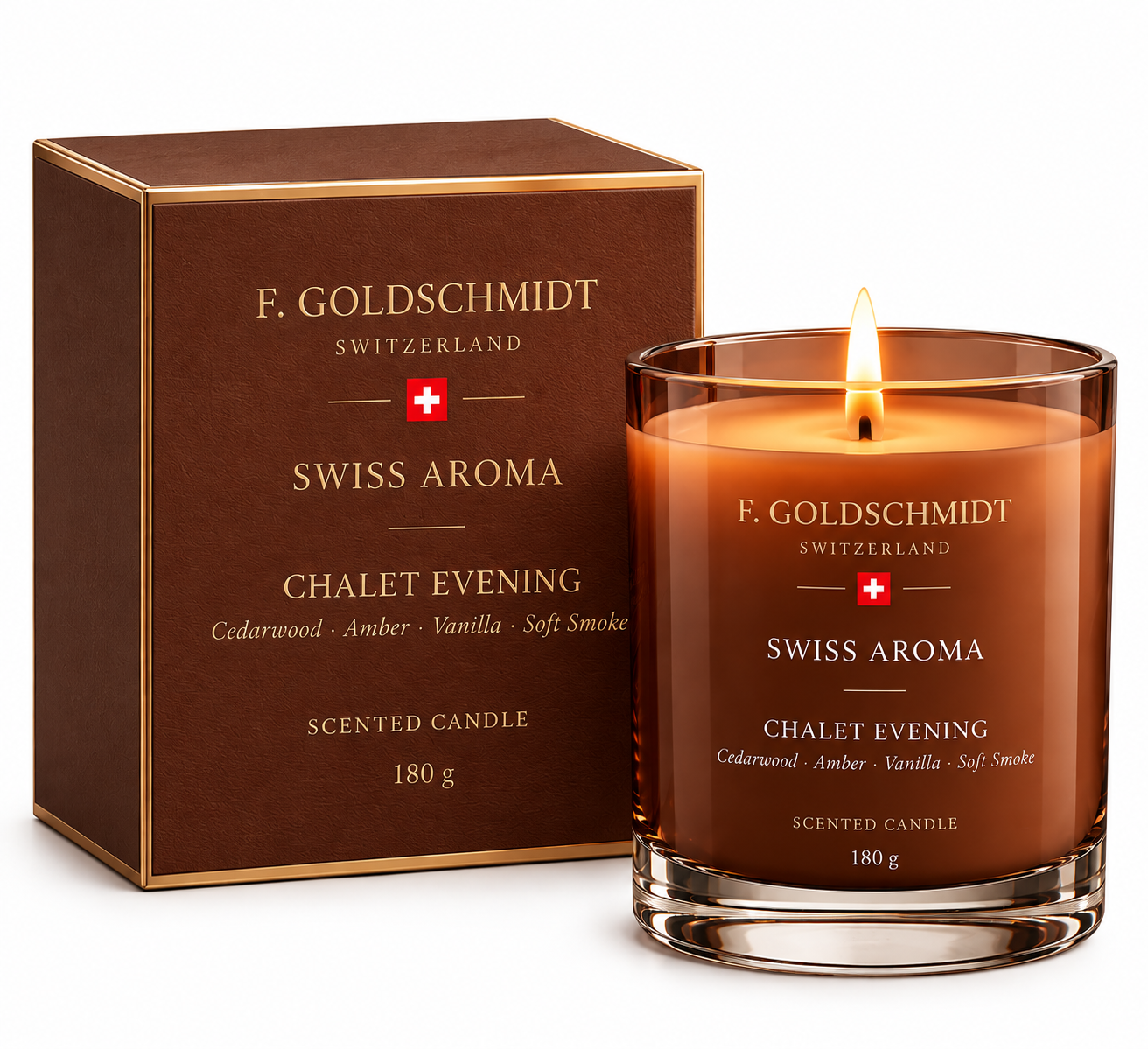 Swiss Aroma Chalet Evening scented luxury candle alongside polished brass accents
