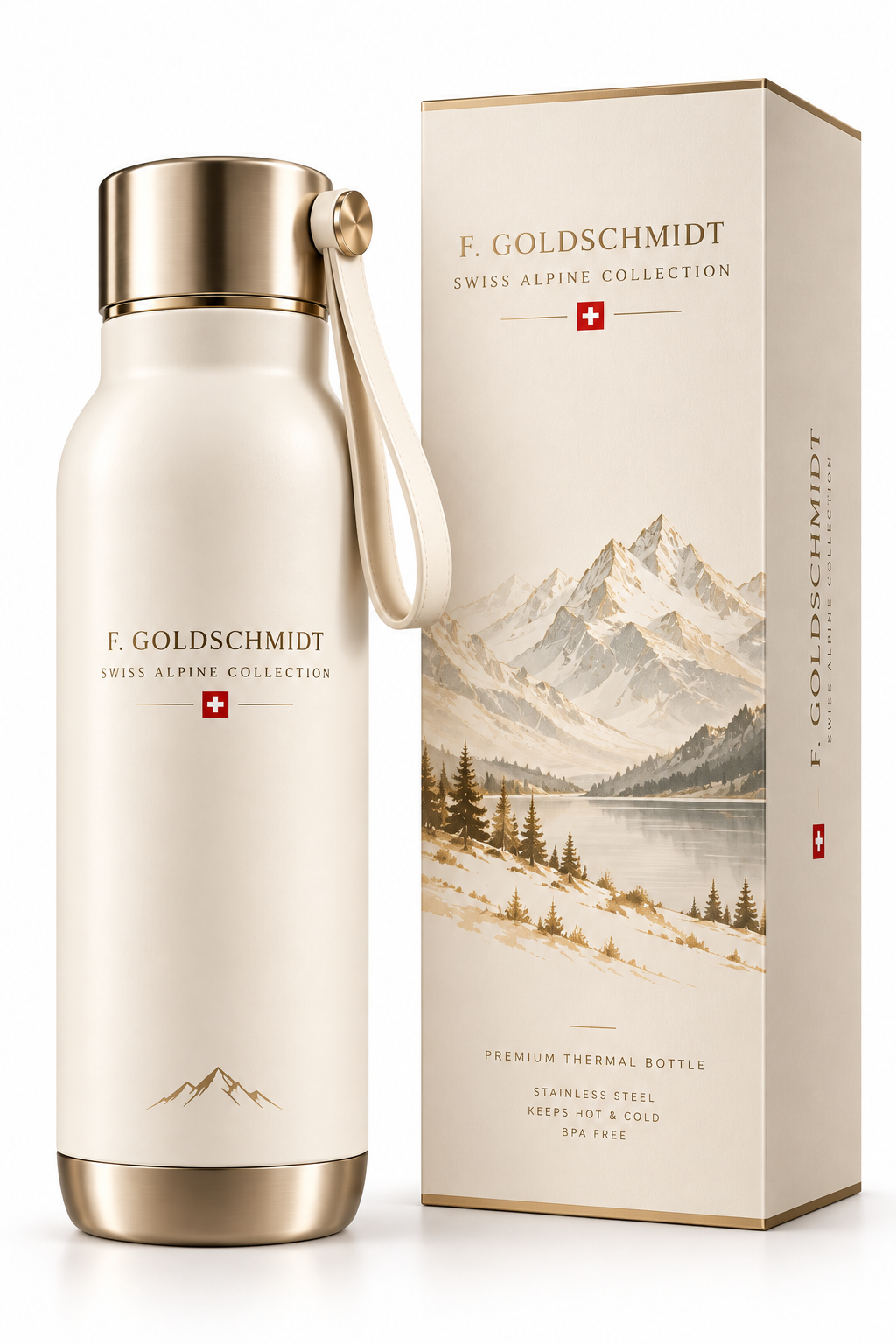 Brushed steel thermal flask in champagne hue resting on stone