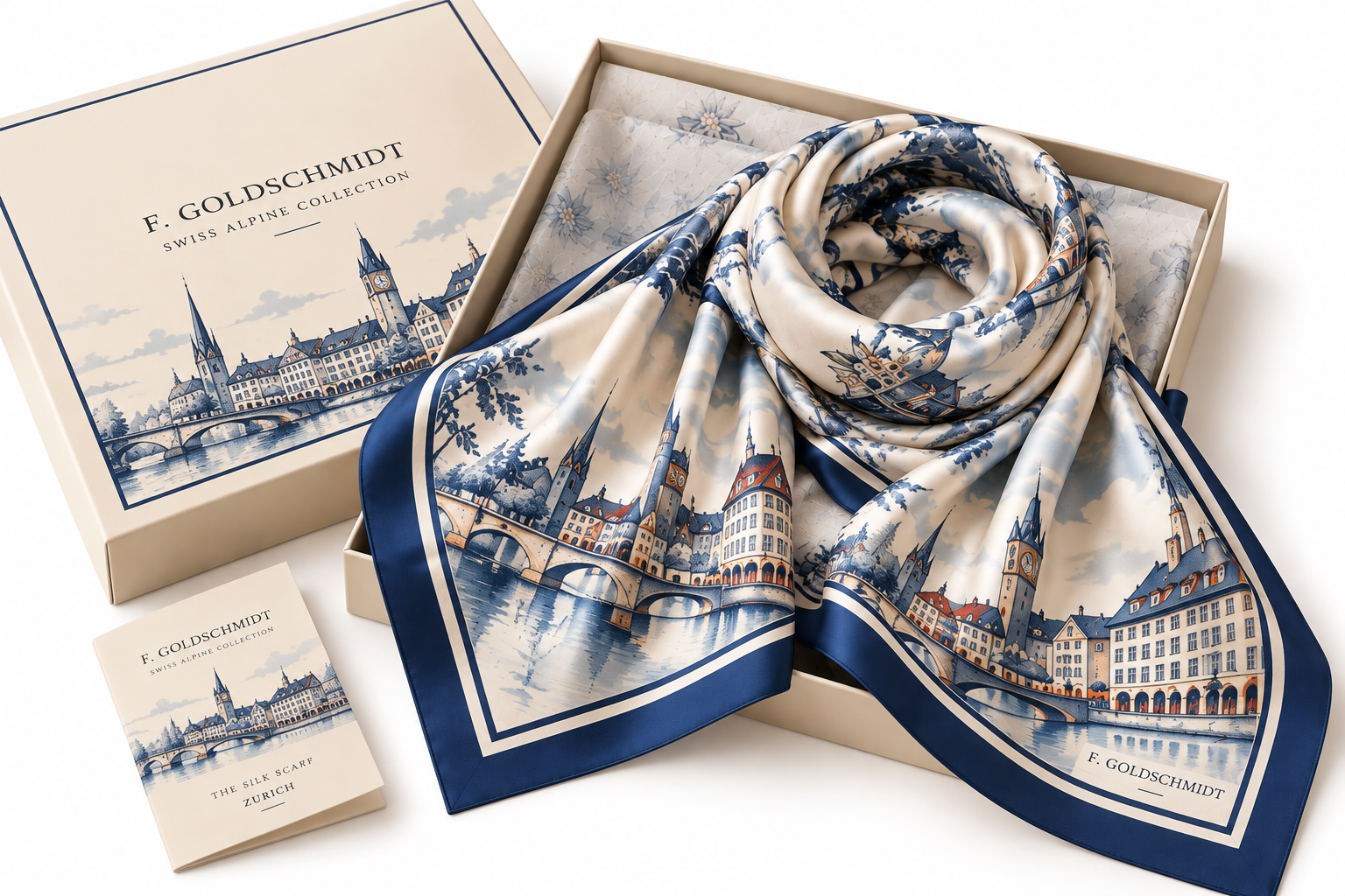 Charcoal and champagne silk scarf resting on clean linen