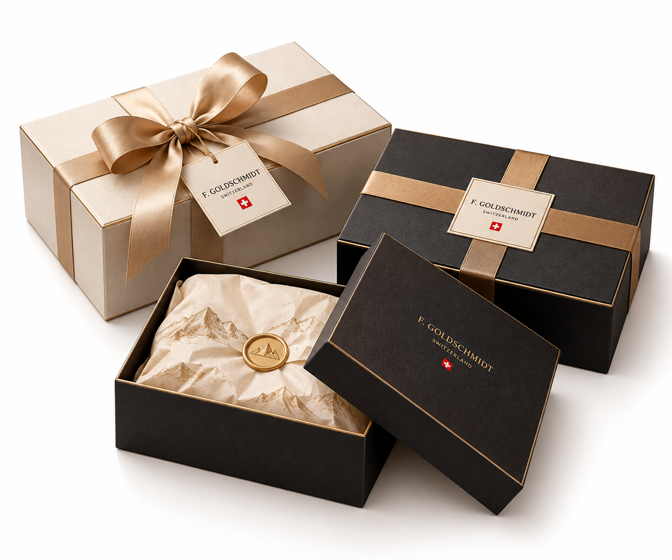 Curated Swiss corporate gift boxes tied with silk ribbon and tailored presentation cards