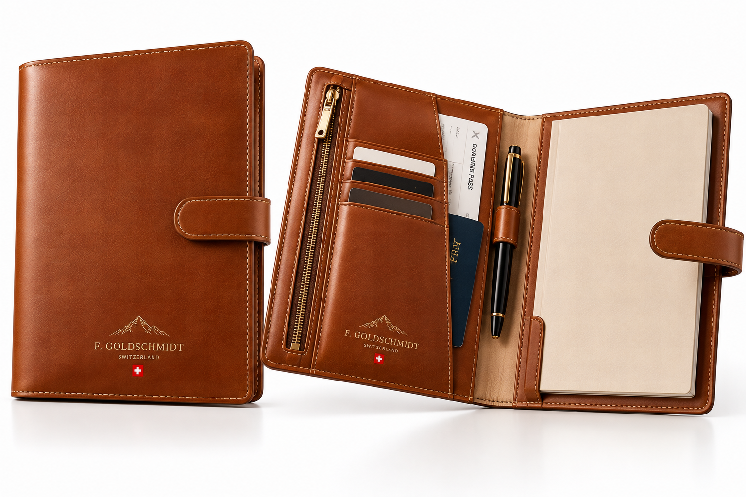 Natural vegetable-tanned leather folio folder on warm stone background