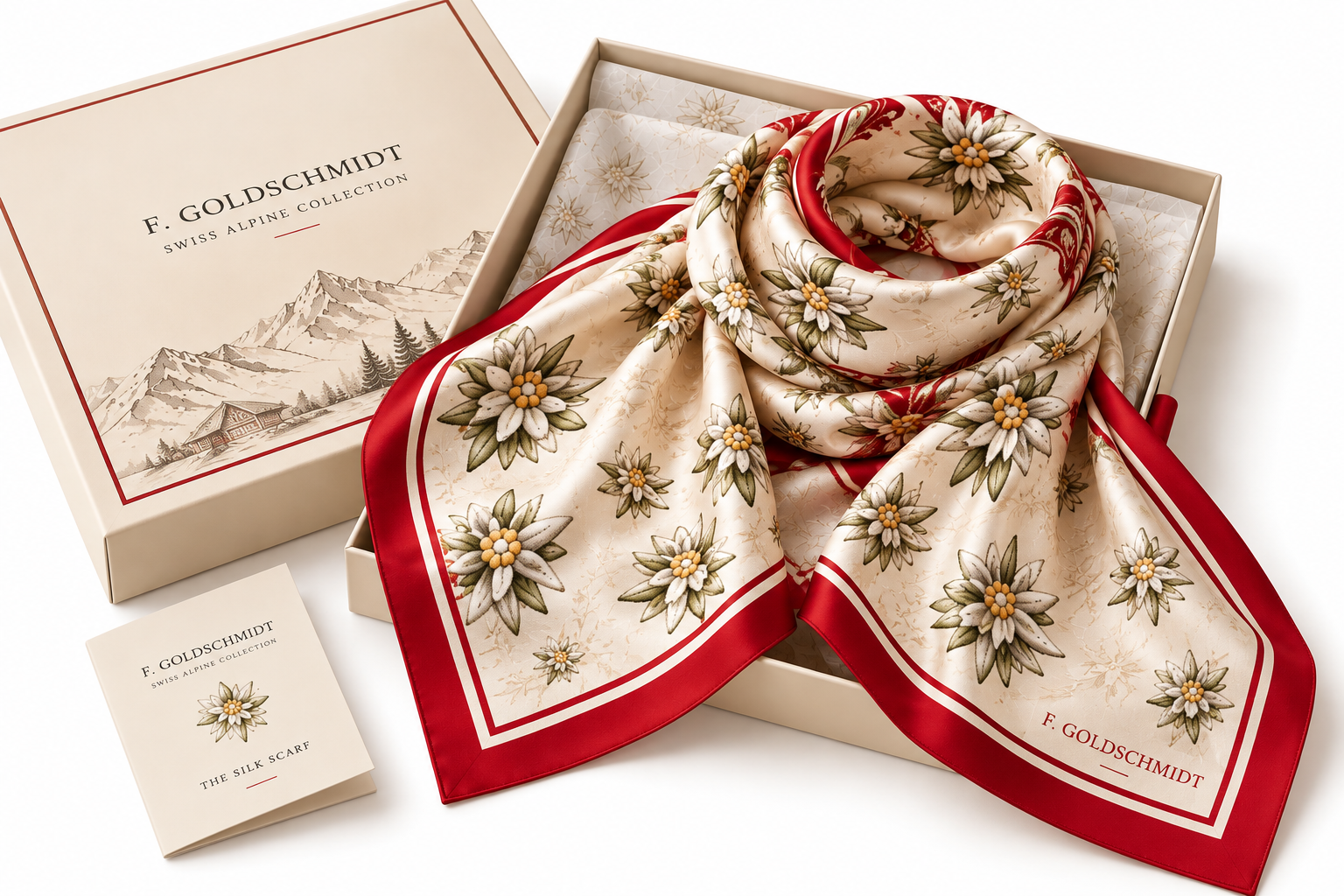 Folded silk scarf featuring subtle botanical edelweiss motif