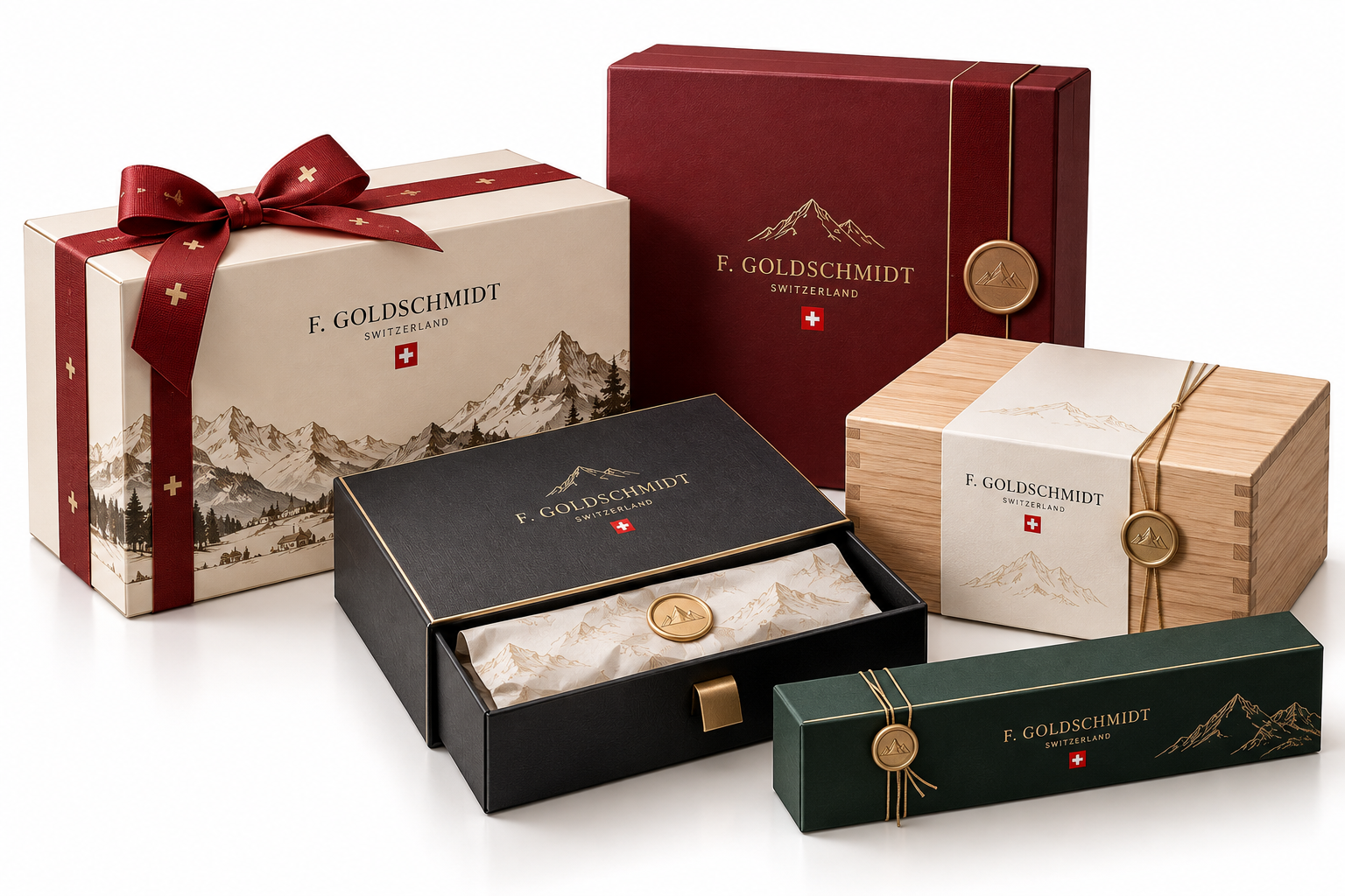 Swiss corporate gifting presentation setting with refined linen, polished brass, and handcrafted gift boxes