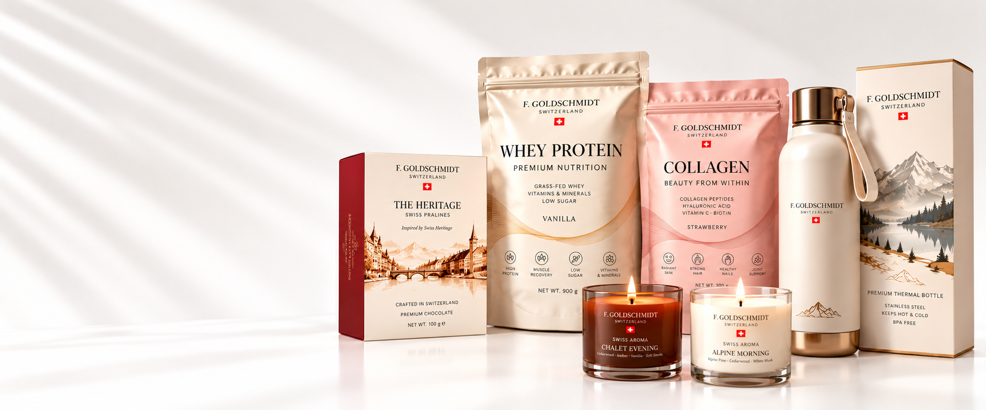 Natural Swiss wellness essentials bathed in morning light