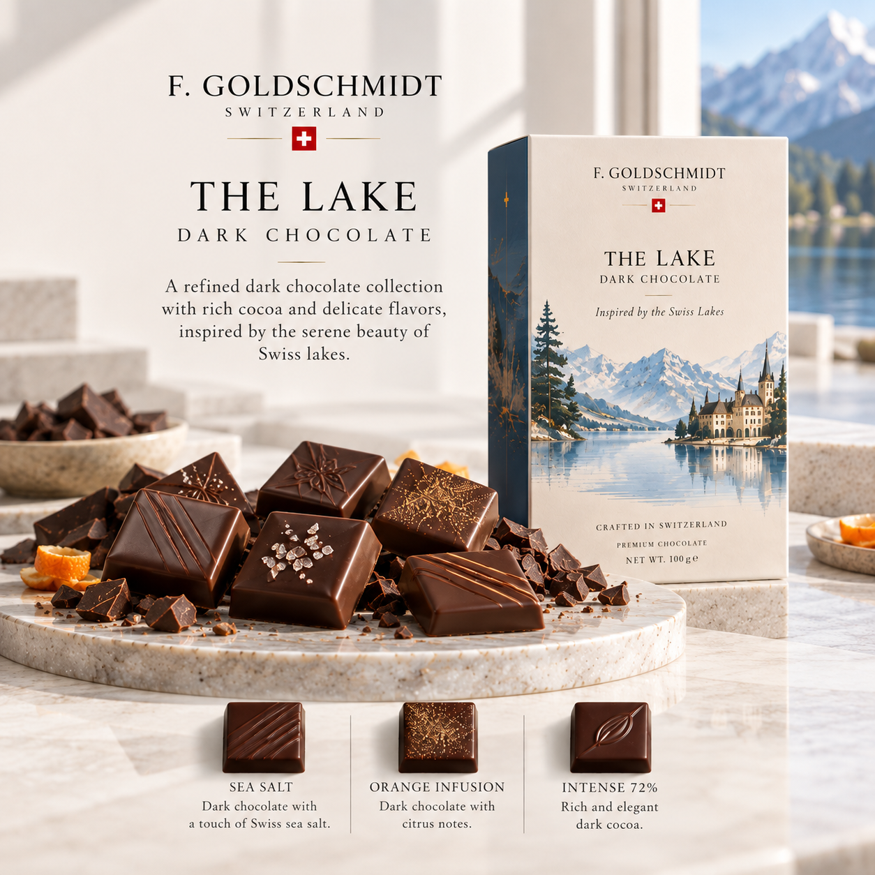 Single origin Swiss dark chocolate tablet with geometric embossing